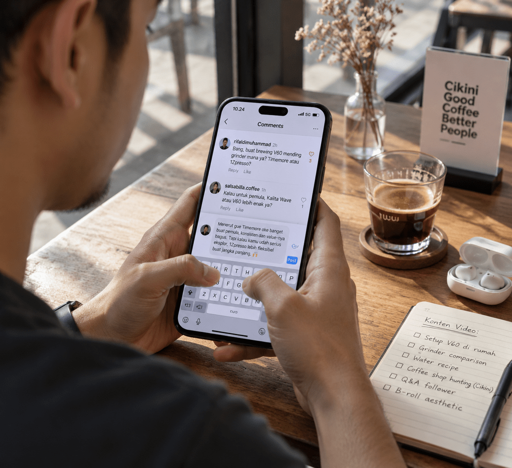 Micro-Creator 10 Ribu Follower Punya Engagement Ungguli Influencer Besar 2 Kreator membalas komentar organik audiens secara personal di smartphone mencerminkan kedekatan komunitas mikro.
