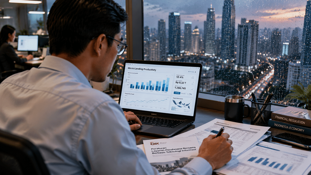 Fintech Alihkan Fokus ke Kesehatan Finansial UMKM 2026 4 Analis data keuangan memantau grafik tren pembiayaan produktif fintech lending untuk sektor UMKM pada layar laptop.