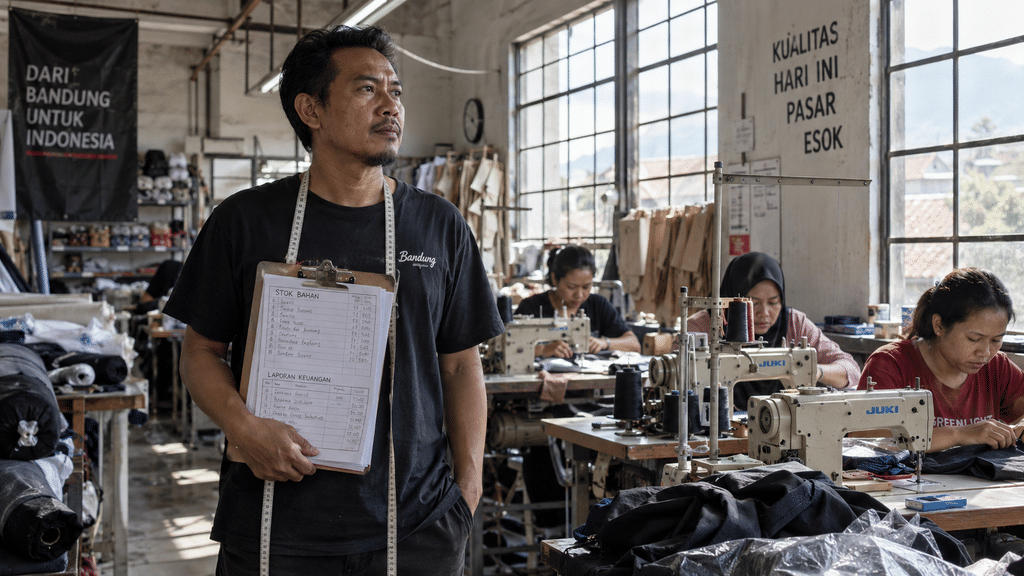 Fintech Alihkan Fokus ke Kesehatan Finansial UMKM 2026 3 Pengusaha konveksi skala kecil mengawasi jalur produksi garmen untuk evaluasi kapasitas utang dan kesehatan finansial usaha.