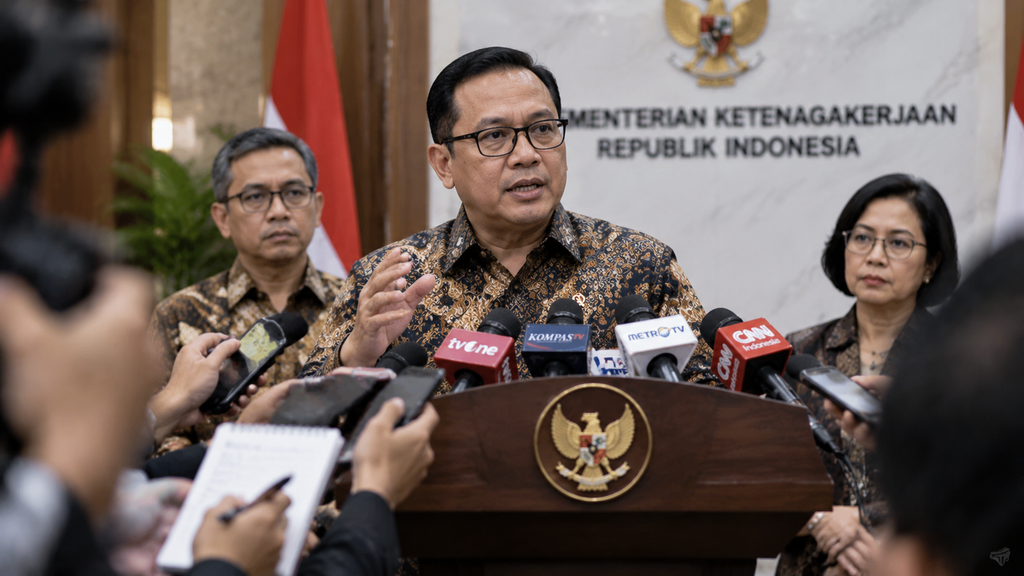 Menaker Sebut Formula UMP 2027 Mengacu UU Baru, Pengusaha Perlu Siap 2 Pejabat pemerintah memberikan keterangan pers terkait kebijakan pengupahan dan ketenagakerjaan di podium resmi.