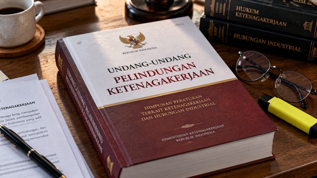 Menaker Sebut Formula UMP 2027 Mengacu UU Baru, Pengusaha Perlu Siap 4 Buku tebal berisi salinan resmi Undang-Undang Pelindungan Ketenagakerjaan yang baru disahkan di atas meja kerja HRD.