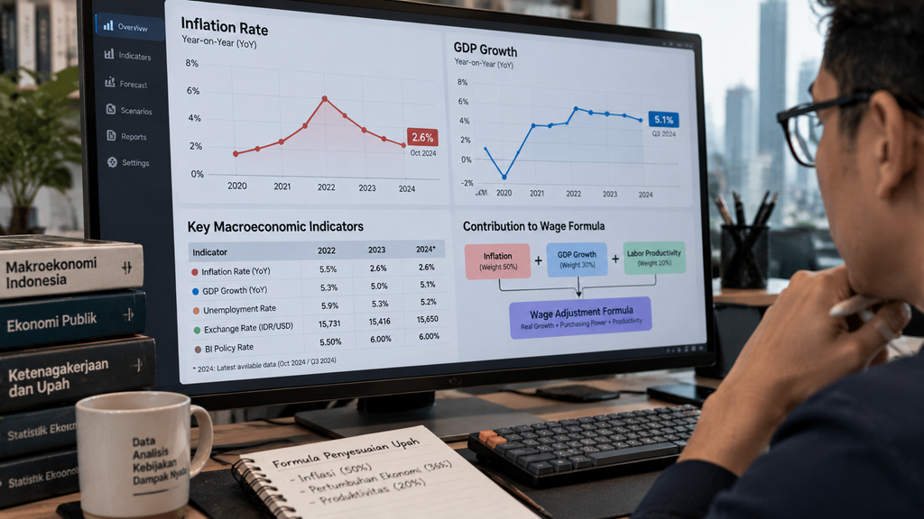 Menaker Sebut Formula UMP 2027 Mengacu UU Baru, Pengusaha Perlu Siap 5 Layar monitor menampilkan grafik garis data inflasi dan pertumbuhan ekonomi makro yang menjadi dasar perhitungan upah.