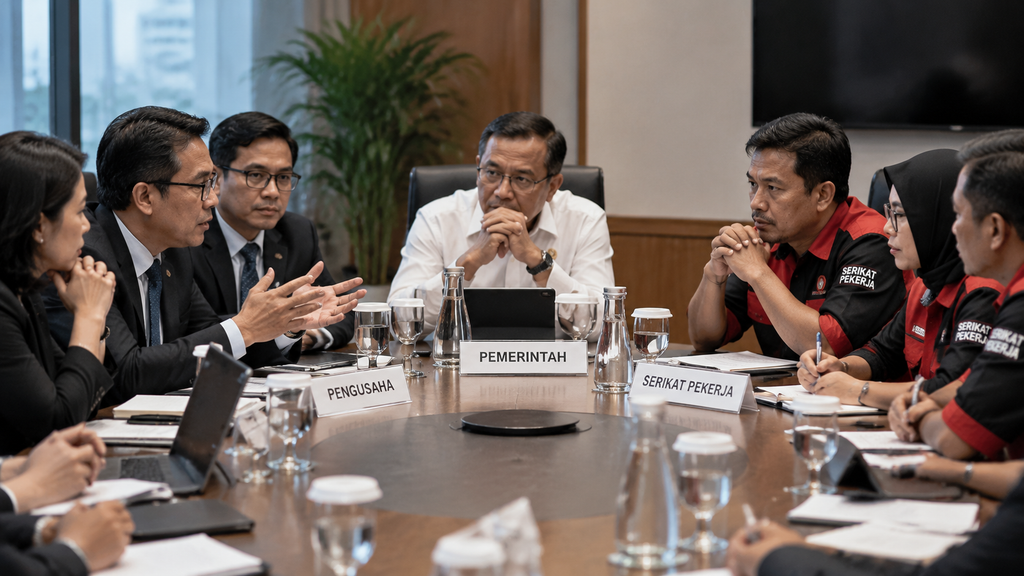 Menaker Sebut Formula UMP 2027 Mengacu UU Baru, Pengusaha Perlu Siap 7 Suasana rapat perundingan tripartit yang serius antara perwakilan asosiasi pengusaha, pemerintah, dan pimpinan serikat buruh.