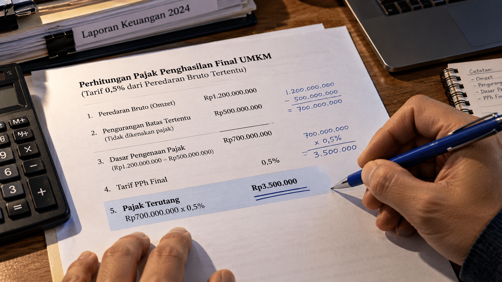 Ternyata UMKM Orang Pribadi Tetap Bebas PPh hingga Omzet Rp500 Juta 6 Lembar kerja simulasi hitungan tarif PPh Final 0,5 persen di atas ambang bebas pajak Rp500 juta dengan coretan pena akuntansi.