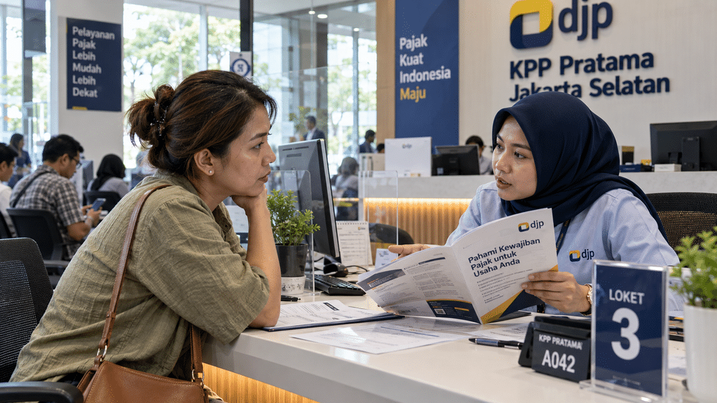 Ternyata UMKM Orang Pribadi Tetap Bebas PPh hingga Omzet Rp500 Juta 7 Diskusi antara wajib pajak pelaku UMKM dan petugas helpdesk di Kantor Pelayanan Pajak (KPP) terkait kesalahpahaman aturan pajak.