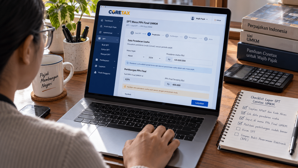 Ternyata UMKM Orang Pribadi Tetap Bebas PPh hingga Omzet Rp500 Juta 8 Wajib pajak menggunakan sistem portal Coretax DJP pada laptop untuk pelaporan SPT Tahunan UMKM orang pribadi.